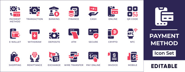 Flat payment methods icon set featuring credit cards, mobile payments, online transactions, digital wallets, banking, and financial transactions.