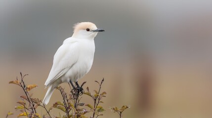 Obraz premium White bird perched on bush, misty field background; nature photography