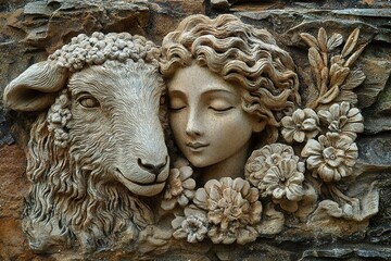 Naklejka premium Stone carving depicts a woman a sheep and flowers