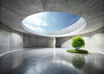 Fototapeta premium Minimalist Concrete Architecture: Empty White Courtyard with Curved Walls â€“ Modern Museum Design