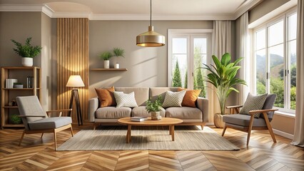 Fototapeta premium Modern Minimalist Living Room with Herringbone Floor and Natural Textures