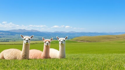 Naklejka premium Three Alpacas Resting in Green Meadow with Mountain View