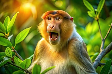 Naklejka premium Proboscis Monkey Alarm Call in Borneo Rainforest - Wildlife Stock Photo
