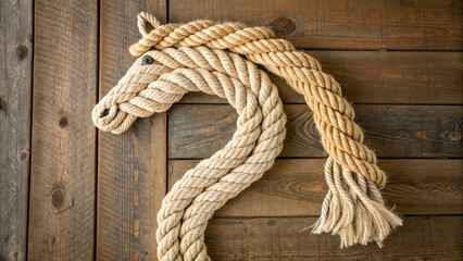 A rope is skillfully laid on a wooden background, forming an elegant silhouette of a horse. This scene combines marine aesthetics with the grace of equestrian art.