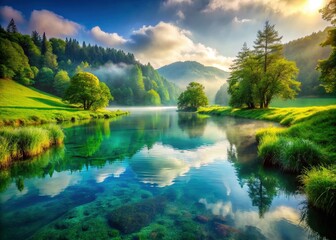 Obraz premium Serene Coastal Landscape: Where Water Meets Land, Tranquil Nature Scene