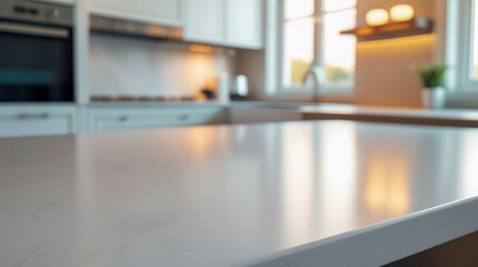 Modern kitchen countertop in the foreground. The blurred background creates a sense of space and harmony, emphasizing the texture of the material.