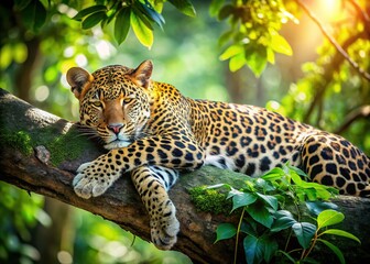 Sleeping Leopard in Rainforest Tree - Wildlife Stock Photo