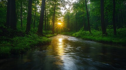 Obraz premium Sunrise forest stream, nature scene