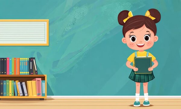 Schoolgirl holding notebook standing by a bookshelf in a classroom for educational purposes
