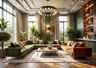 Fototapeta premium Sunlit Luxury Lounge: Elegant Empty Space, Modern Interior Design, Natural Light
