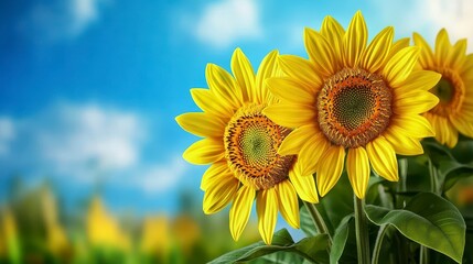 Two Vibrant Yellow Sunflowers Against Vivid Blue Sky