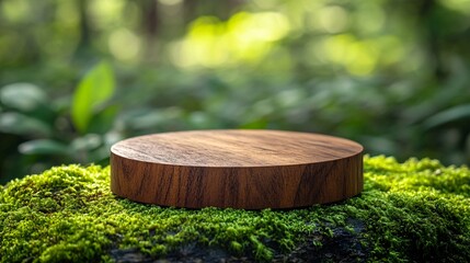 Wooden platform sits atop vibrant green moss in a forest scene