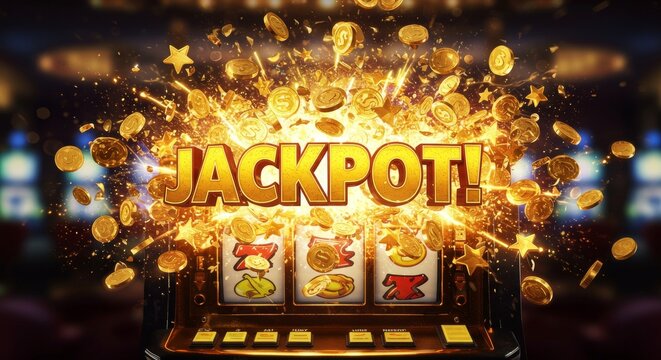 Casino slot machine jackpot explosion with gold coins and big win