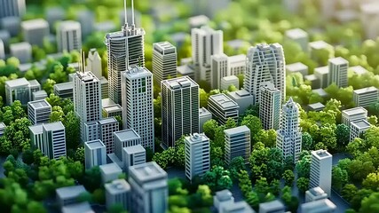 A miniature cityscape surrounded by greenery, showcasing urban architecture and nature.