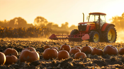 Autumn harvest scene with pumpkins and red tractor in golden sunset