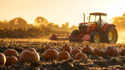 Fleecedeken met foto Autumn harvest scene with pumpkins and red tractor in golden sunset © Svetlana