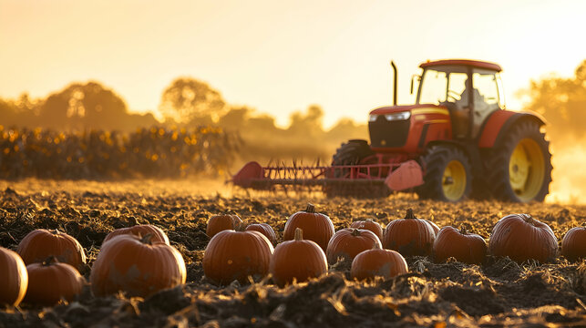 Autumn harvest scene with pumpkins and red tractor in golden sunset - Powered by Adobe