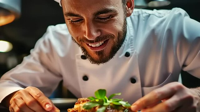 Chef admiring a beautifully plated gourmet dish in a cozy restaurant kitchen with warm lighting