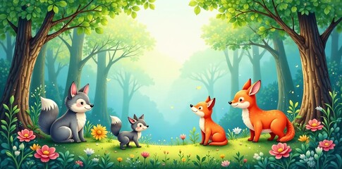 Fototapeta premium Whimsical watercolor woodland animals & lush forest , serene, forest
