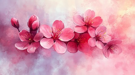 A vibrant illustration of pink cherry blossoms against a soft, colorful background.