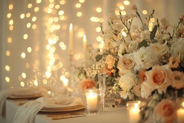 Obraz premium Romantic wedding table setup elegant venue floral decor soft lighting intimate setting
