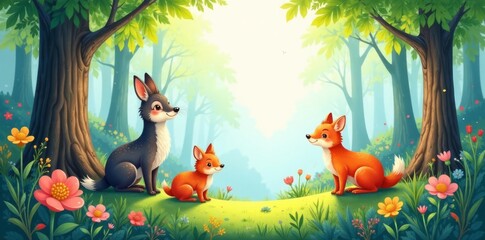 Obraz premium Whimsical watercolor woodland animals & lush forest , charming, forest, woodland
