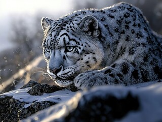 Fototapeta premium A majestic snow leopard prowls gracefully across a snowy landscape.
