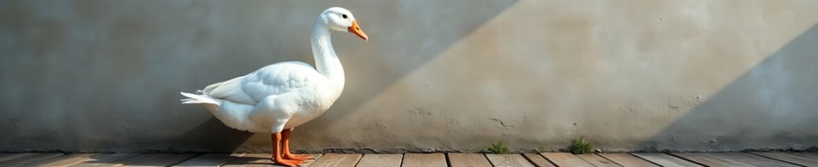 Fototapeta premium Elegant white goose against a textured wall, standing on wooden planks, detail, serene, wildlife