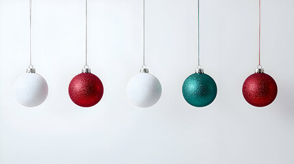 Five Hanging Christmas Ornaments Red White and Teal on White Background