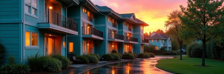 Fototapeta premium Rain-washed condo complex, turquoise siding, vibrant sunset , dusk, high angle