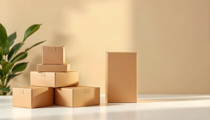 Variety of Unmarked Brown Boxes Stacked on a Minimalist Background for Packaging Displays