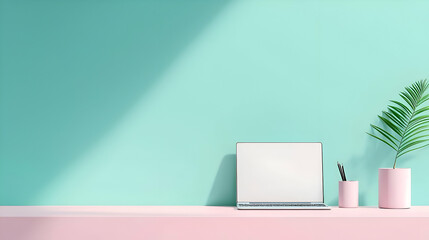 Pastel Pink and Mint Workspace with Laptop and Plant