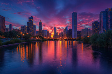 Fototapeta premium City Skyline and River Reflection at Sunset