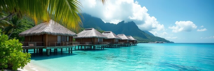 Overwater bungalows hinted behind swaying palms, Bora Bora, vacation, getaway, hotel