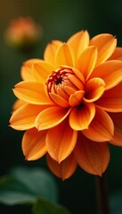 Fototapeta premium Close-up shot of vibrant orange dahlia flower with dew drops on petals, vibrant, beautiful