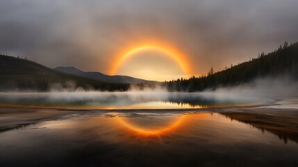 Fototapeta premium A crystal-clear high-resolution capture of the Grand Prismatic Spring, showing the rich color gradients and intricate mineral textures, bathed in the golden glow of the setting sun, ultra-realistic, 