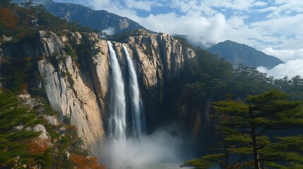 Majestic waterfall cascading down mountain cliffs, surrounded by forest and clouds