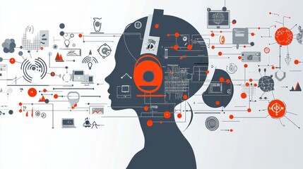 Obraz premium Embracing the Digital Age: The Harmony Between Woman's Wisdom and Iconic Connectivity in a Vibrant Network