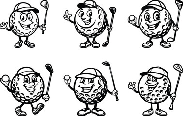 Cute cartoon golf ball character silhouette vector illustration set, cartoon golf ball character line art vector icon design