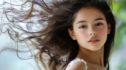 Latina girl with loose hair spinning, creating movement. 