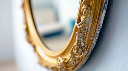 Mirror with gold frame details, white background.