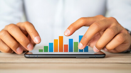 Close up of hands tapping on smartphone with colorful data graph overlay