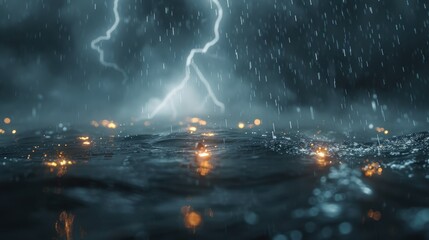 Thunderstorm displays an abstract beauty. Lightning and rain dominate the dark, stormy sky.
