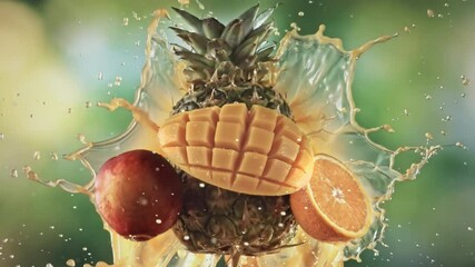 Tropical Fruits Rising With Juice Splash in Slow Motion - Powered by Adobe