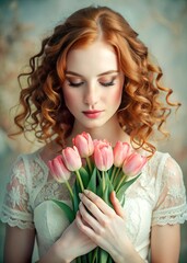 Fototapeta premium Ethereal Beauty: Red Curls, Blush Tulips & Soft Elegance