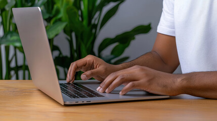Fototapeta premium Freelancer typing on laptop in stylish coffee shop setting