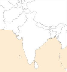 インドとパキスタン周辺の白地図、明るい色