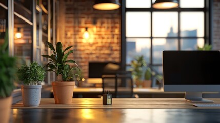 Serene Modern Office Workspace with Plants and City View