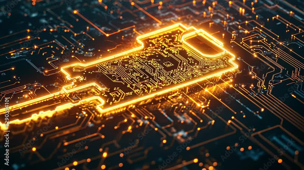 Poster key icon illuminated by glowing circuit board pattern symbolizes digital security and innovation, ke