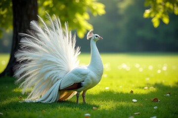 Naklejka premium Stunning white peacock's expansive tail, vibrant detail in serene farm environment , showy, bird, farm